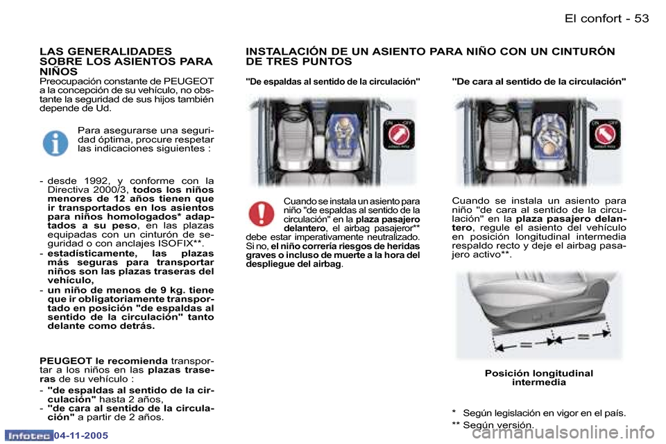 Peugeot 407 C 2005.5  Manual del propietario (in Spanish) �5�2 �-
�0�4�-�1�1�-�2�0�0�5
�5�3
�-
�0�4�-�1�1�-�2�0�0�5
�P�r�e�o�c�u�p�a�c�i�ó�n� �c�o�n�s�t�a�n�t�e� �d�e� �P�E�U�G�E�O�T�  
�a� �l�a� �c�o�n�c�e�p�c�i�ó�n� �d�e� �s�u� �v�e�h�í�c�u�l�o�,� �n�o�