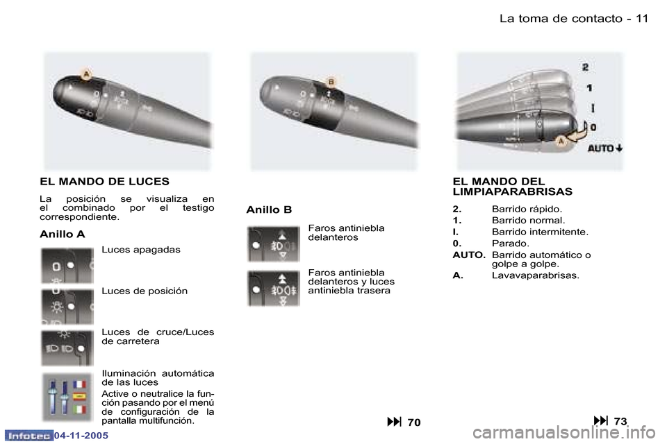 Peugeot 407 C 2005.5  Manual del propietario (in Spanish) �1�0 �-
�0�4�-�1�1�-�2�0�0�5
�1�1
�-
�0�4�-�1�1�-�2�0�0�5
�E�L� �M�A�N�D�O� �D�E� �L�U�C�E�S
�L�a�  �p�o�s�i�c�i�ó�n�  �s�e�  �v�i�s�u�a�l�i�z�a�  �e�n 
�e�l�  �c�o�m�b�i�n�a�d�o�  �p�o�r�  �e�l�  �t