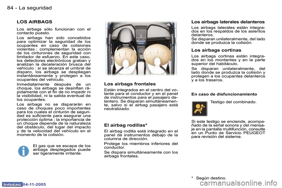 Peugeot 407 C 2005.5  Manual del propietario (in Spanish) �L�a� �s�e�g�u�r�i�d�a�d�8�4 �-
�0�4�-�1�1�-�2�0�0�5
�8�5�L�a� �s�e�g�u�r�i�d�a�d�-
�0�4�-�1�1�-�2�0�0�5
�L�O�S� �A�I�R�B�A�G�S
�L�o�s�  �a�i�r�b�a�g�s�  �s�ó�l�o�  �f�u�n�c�i�o�n�a�n�  �c�o�n�  �e�l