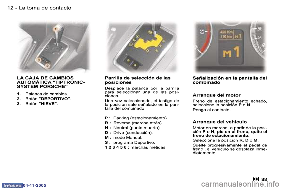 Peugeot 407 C 2005.5  Manual del propietario (in Spanish) �1�2 �-
�0�4�-�1�1�-�2�0�0�5
�1�3
�-
�0�4�-�1�1�-�2�0�0�5
�L�A� �C�A�J�A� �D�E� �C�A�M�B�I�O�S�  
�A�U�T�O�M�Á�T�I�C�A� �"�T�I�P�T�R�O�N�I�C�-
�S�Y�S�T�E�M� �P�O�R�S�C�H�E�"� 
�1�. �  �P�a�l�a�n�c�a�