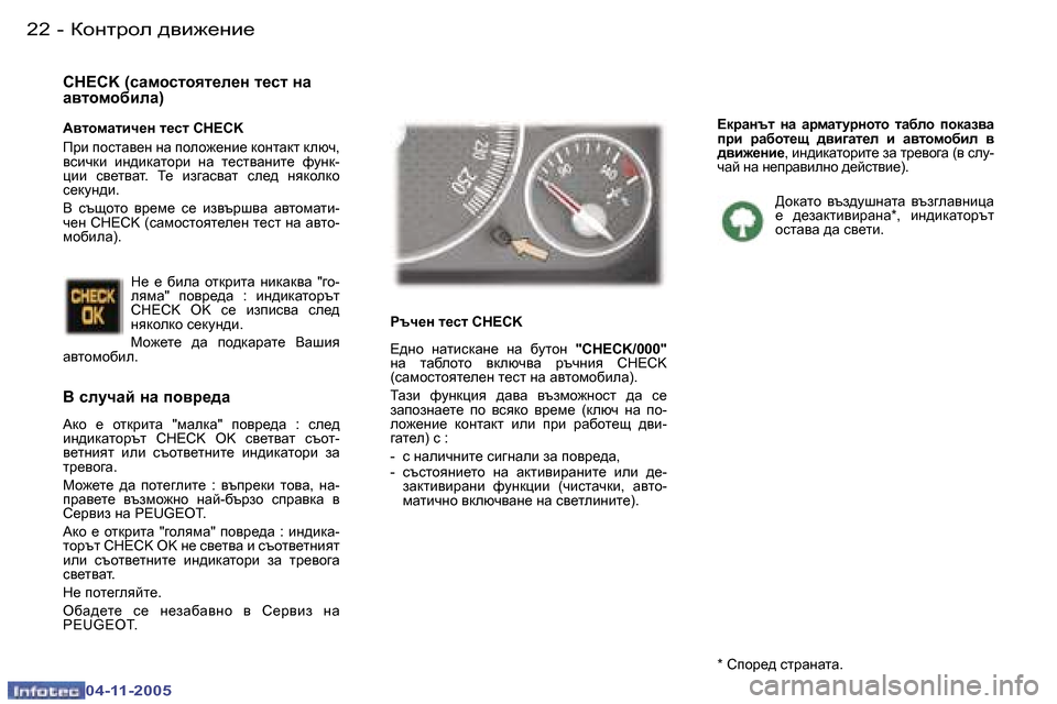 Peugeot 407 C 2005.5  Ръководство за експлоатация (in Bulgarian) �2�2 �-
�0�4�-�1�1�-�2�0�0�5
�2�3
�-
�0�4�-�1�1�-�2�0�0�5
�C�H�E�C�K� �(kZfhklhyl_e_g� l_kl� gZ�  
Z\lhfh[beZ�) 
<� kemqZc� gZ� ih\j_^Z 
:dh�  _�  hl