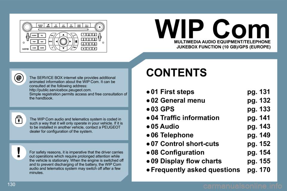 Peugeot 407 C Dag 2008  Owners Manual 130
  JUKEBOX FUNCTION (10 GB)/GPS (EUROPE) 
 The SERVICE BOX internet site provides additional animated information about the WIP Com. It can be consulted at the following address: http://public.serv