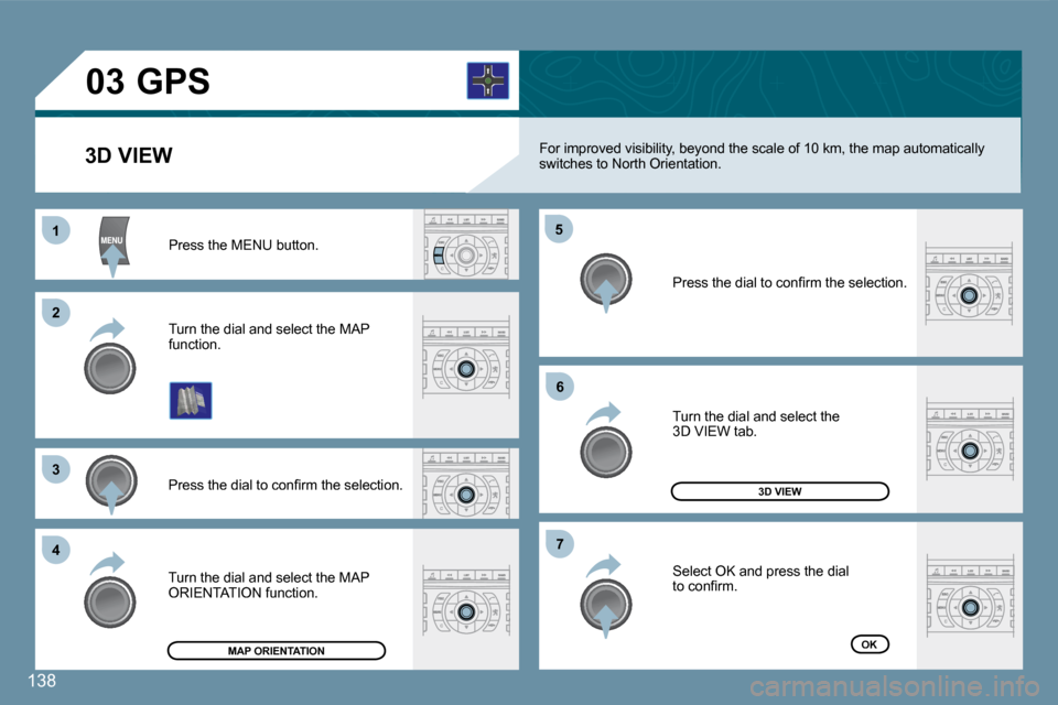 Peugeot 407 C Dag 2008  Owners Manual 11
�2�2
�3�3
�4�4
�5�5
�6�6
�7�7
�0�3
138
 For improved visibility, beyond the scale of 10 km, the map automatically switches to North Orientation. 
 Turn the dial and select the MAP function. 
 Press