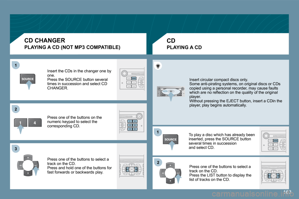 Peugeot 407 C Dag 2008 Repair Manual 11
�2�2
�3�3
11
�2�2
163
� � �P�L�A�Y�I�N�G� �A� �C�D� �(�N�O�T� �M�P�3� �C�O�M�P�A�T�I�B�L�E�)� 
 Insert the CDs in the changer one by one.  Press the SOURCE button several times in succession and se