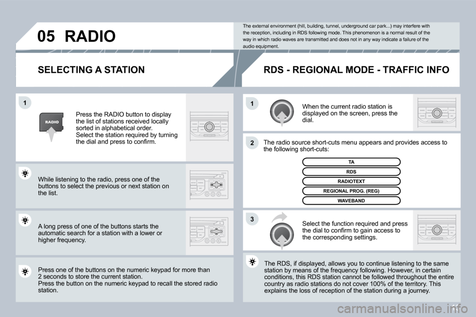 Peugeot 407 C Dag 2008 Manual PDF 13
�1�1
�2
�3
�0�5
  SELECTING A STATION 
 When the current radio station is displayed on the screen, press the dial. 
 The radio source short-cuts menu appears and providesovides access to �t�h�e� �f