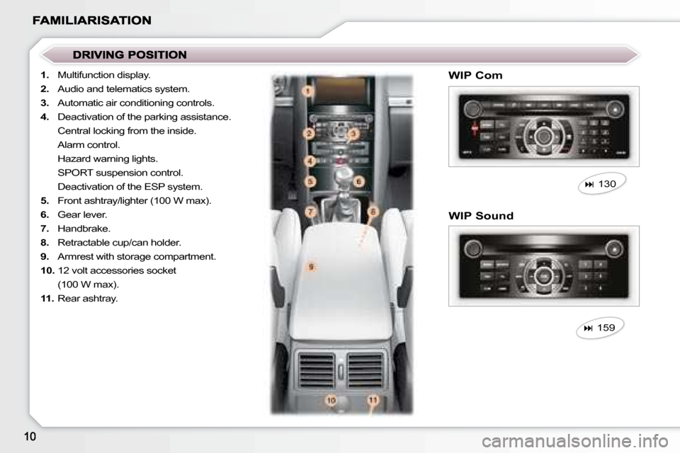 Peugeot 407 C Dag 2008  Owners Manual    1.   Multifunction display. 
  
2.    Audio and telematics system. 
  
3.    Automatic air conditioning controls. 
  
4.    Deactivation of the parking assistance.  
   Central locking from the ins