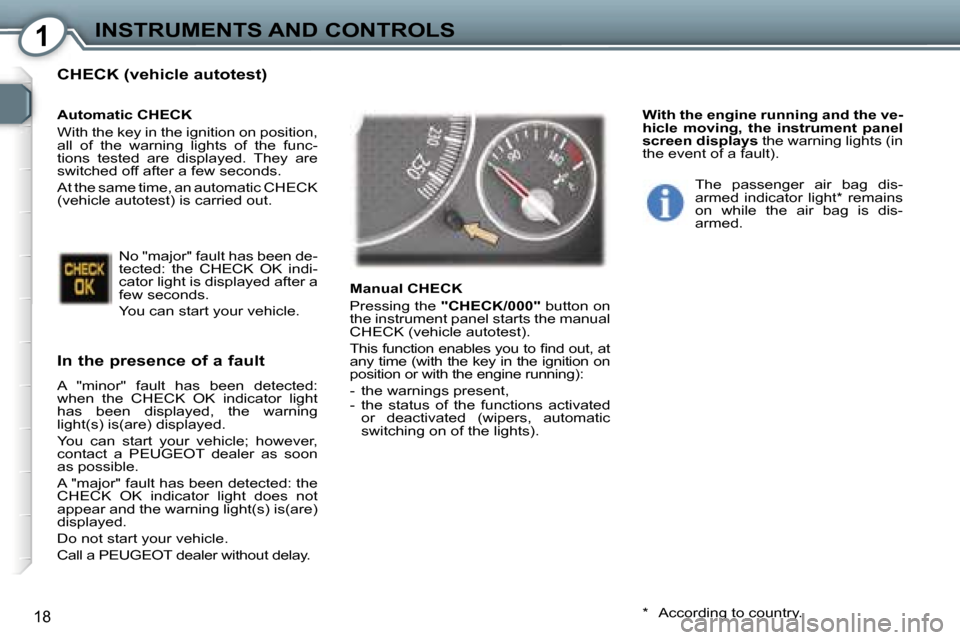 Peugeot 407 C Dag 2007 User Guide �1�I�N�S�T�R�U�M�E�N�T�S� �A�N�D� �C�O�N�T�R�O�L�S
�1�8
�C�H�E�C�K� �(�v�e�h�i�c�l�e� �a�u�t�o�t�e�s�t�)
�I�n� �t�h�e� �p�r�e�s�e�n�c�e� �o�f� �a� �f�a�u�l�t
�A�  �"�m�i�n�o�r�"�  �f�a�u�l�t�  �h�a�s�