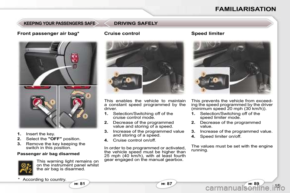 Peugeot 407 C Dag 2006.5 User Guide �1�5
�F�A�M�I�L�I�A�R�I�S�A�T�I�O�N
�K�E�E�P�I�N�G� �Y�O�U�R� �P�A�S�S�E�N�G�E�R�S� �S�A�F�E
�� �8�1�T�h�i�s�  �e�n�a�b�l�e�s�  �t�h�e�  �v�e�h�i�c�l�e�  �t�o�  �m�a�i�n�t�a�i�n�  
�a�  �c�o�n�s�t�