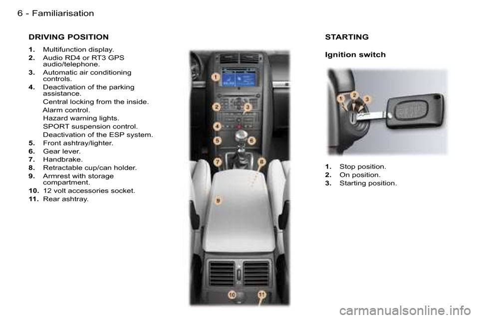 Peugeot 407 C Dag 2006  Owners Manual �6 �-
�D�R�I�V�I�N�G� �P�O�S�I�T�I�O�N
�1�.�  �M�u�l�t�i�f�u�n�c�t�i�o�n� �d�i�s�p�l�a�y�.
�2�. �  �A�u�d�i�o� �R�D�4� �o�r� �R�T�3� �G�P�S� 
�a�u�d�i�o�/�t�e�l�e�p�h�o�n�e�.
�3�. �  �A�u�t�o�m�a�t�i�