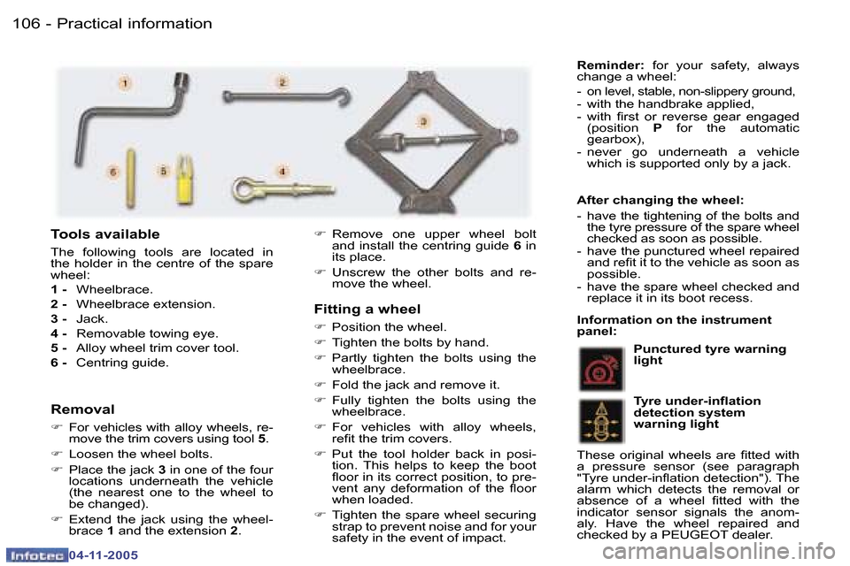 Peugeot 407 C Dag 2005.5  Owners Manual �P�r�a�c�t�i�c�a�l� �i�n�f�o�r�m�a�t�i�o�n�1�0�6 �-
�0�4�-�1�1�-�2�0�0�5
�1�0�7�P�r�a�c�t�i�c�a�l� �i�n�f�o�r�m�a�t�i�o�n�-
�0�4�-�1�1�-�2�0�0�5
�F�i�t�t�i�n�g� �a� �w�h�e�e�l
�F�  �P�o�s�i�t�i�o�n� �