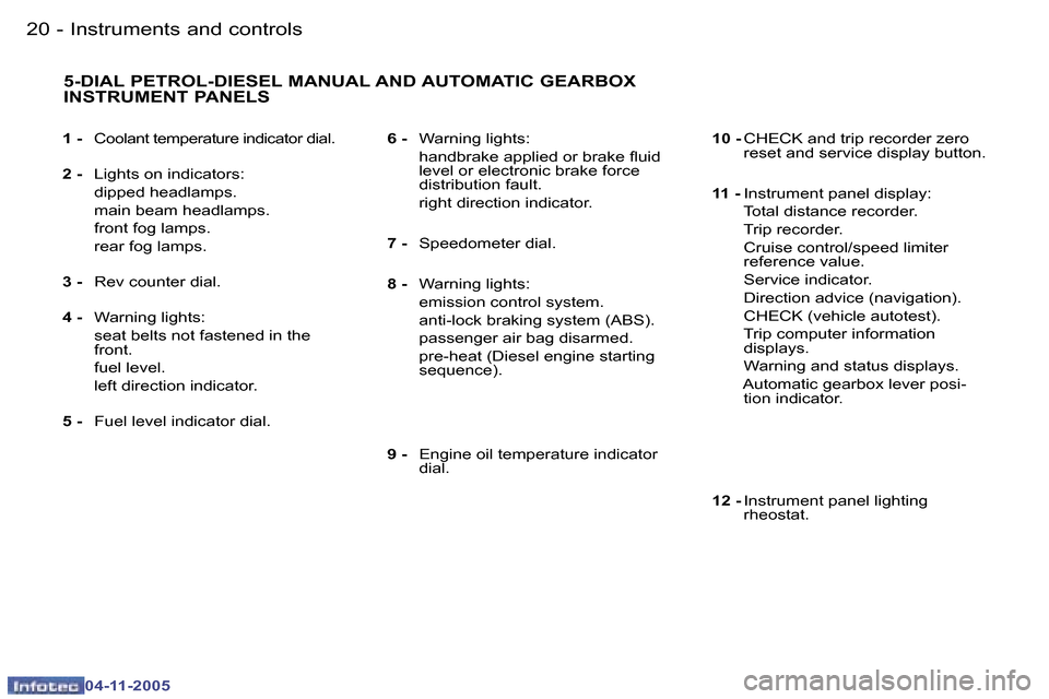 Peugeot 407 C Dag 2005.5 User Guide �I�n�s�t�r�u�m�e�n�t�s� �a�n�d� �c�o�n�t�r�o�l�s�2�0 �-
�0�4�-�1�1�-�2�0�0�5
�2�1�I�n�s�t�r�u�m�e�n�t�s� �a�n�d� �c�o�n�t�r�o�l�s�-
�0�4�-�1�1�-�2�0�0�5
�1� �-� �C�o�o�l�a�n�t� �t�e�m�p�e�r�a�t�u�r�e�