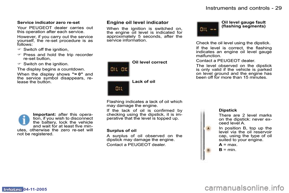 Peugeot 407 C Dag 2005.5 Owners Guide �I�n�s�t�r�u�m�e�n�t�s� �a�n�d� �c�o�n�t�r�o�l�s�2�8 �-
�0�4�-�1�1�-�2�0�0�5
�2�9�I�n�s�t�r�u�m�e�n�t�s� �a�n�d� �c�o�n�t�r�o�l�s�-
�0�4�-�1�1�-�2�0�0�5
�S�e�r�v�i�c�e� �i�n�d�i�c�a�t�o�r� �z�e�r�o� �