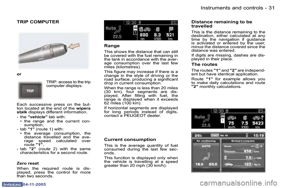 Peugeot 407 C Dag 2005.5 Owners Guide �I�n�s�t�r�u�m�e�n�t�s� �a�n�d� �c�o�n�t�r�o�l�s
�3�0 �-
�0�4�-�1�1�-�2�0�0�5
�3�1
�I�n�s�t�r�u�m�e�n�t�s� �a�n�d� �c�o�n�t�r�o�l�s
�-
�0�4�-�1�1�-�2�0�0�5
�T�R�I�P� �C�O�M�P�U�T�E�R
�o�r
�T�R�I�P�:� 