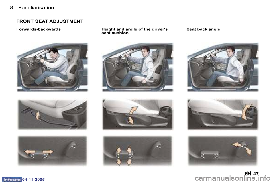 Peugeot 407 C Dag 2005.5  Owners Manual �-
�0�4�-�1�1�-�2�0�0�5
�9
�-
�0�4�-�1�1�-�2�0�0�5
�H�e�i�g�h�t� �a�n�d� �a�n�g�l�e� �o�f� �t�h�e� �d�r�i�v�e�r��s�  
�s�e�a�t� �c�u�s�h�i�o�n �S�e�a�t� �b�a�c�k� �a�n�g�l�e
�F�o�r�w�a�r�d�s�-�b�a�c�