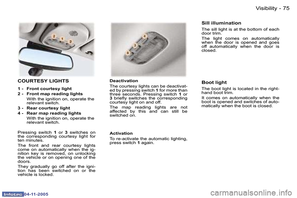 Peugeot 407 C Dag 2005.5 Manual PDF �7�4 �-
�0�4�-�1�1�-�2�0�0�5
�7�5
�-
�0�4�-�1�1�-�2�0�0�5
�C�O�U�R�T�E�S�Y� �L�I�G�H�T�S
�1� �-�  �F�r�o�n�t� �c�o�u�r�t�e�s�y� �l�i�g�h�t 
�2� �-�  �F�r�o�n�t� �m�a�p� �r�e�a�d�i�n�g� �l�i�g�h�t�s
� 