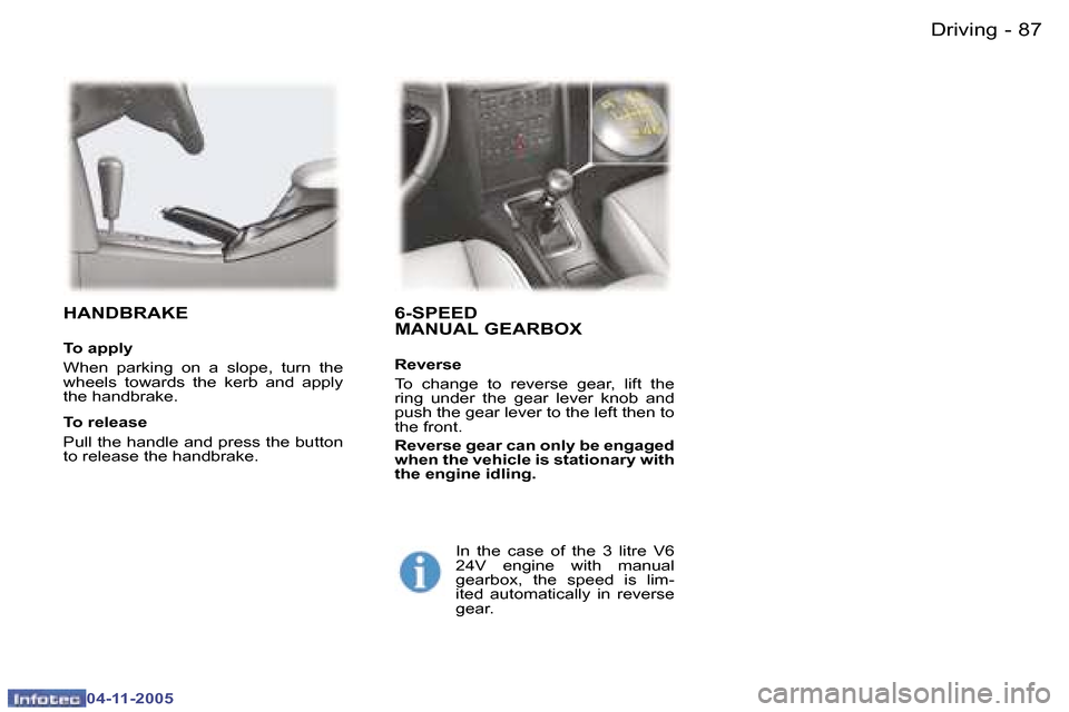 Peugeot 407 C Dag 2005.5 Owners Manual �8�7
�-
�0�4�-�1�1�-�2�0�0�5
�6�-�S�P�E�E�D 
�M�A�N�U�A�L� �G�E�A�R�B�O�X
�R�e�v�e�r�s�e 
�T�o�  �c�h�a�n�g�e�  �t�o�  �r�e�v�e�r�s�e�  �g�e�a�r�,�  �l�i�f�t�  �t�h�e�  
�r�i�n�g�  �u�n�d�e�r�  �t�h�e