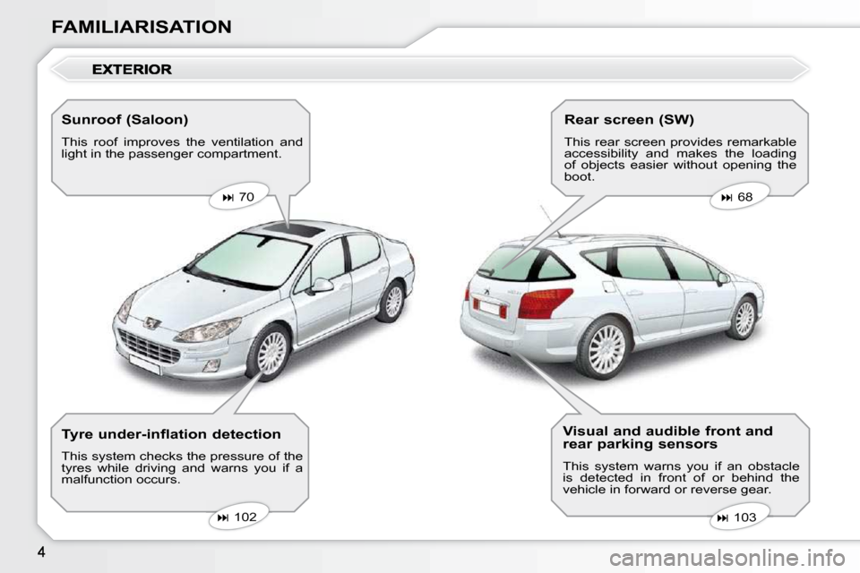 Peugeot 407 Dag 2010  Owners Manual FAMILIARISATION  Sunroof (Saloon)  
 This  roof  improves  the  ventilation  and  
light in the passenger compartment.     
�   70       
�   68   
   
�   103   
   
�   102   
  Tyre und