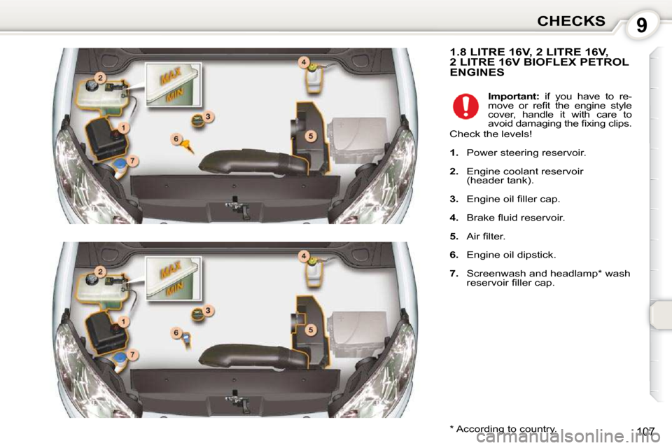 Peugeot 407 Dag 2010  Owners Manual 9CHECKS
107
 1.8 LITRE 16V, 2 LITRE 16V, 2 LITRE 16V BIOFLEX PETROL ENGINES 
  *   According to country.    
Important:    if  you  have  to  re-
�m�o�v�e�  �o�r�  �r�e�ﬁ� �t�  �t�h�e�  �e�n�g�i�n�e