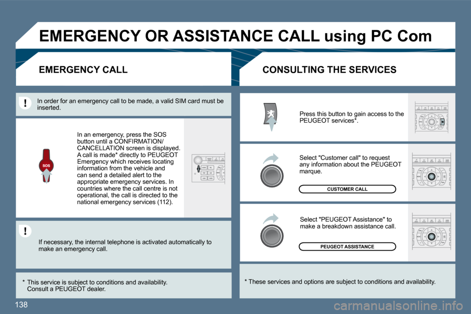 Peugeot 407 Dag 2010  Owners Manual 138 
 PEUGEOT ASSISTANCE 
 CUSTOMER CALL 
  *   These services and options are subject to conditions and availability.  
CONSULTING THE SERVICES EMERGENCY CALL 
 Press this button to gain access to th