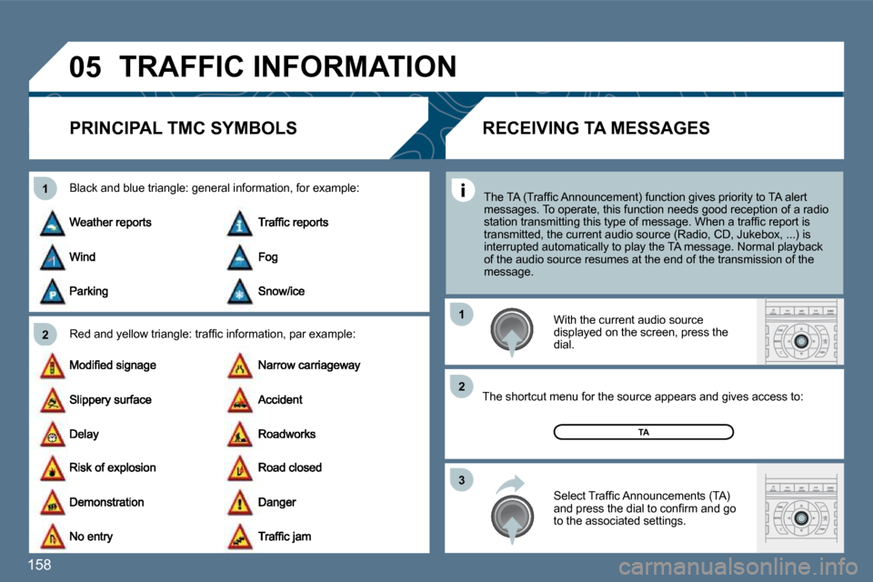 Peugeot 407 Dag 2010  Owners Manual 158 
�0�5
�2
1
�3
�2
1
 TRAFFIC INFORMATION 
PRINCIPAL TMC SYMBOLS 
� � �R�e�d� �a�n�d� �y�e�l�l�o�w� �t�r�i�a�n�g�l�e�:� �t�r�a�f�ﬁ� �c� �i�n�f�o�r�m�a�t�i�o�n�,� �p�a�r
� �e�x�a�m�p�l�e�:� 
  Blac