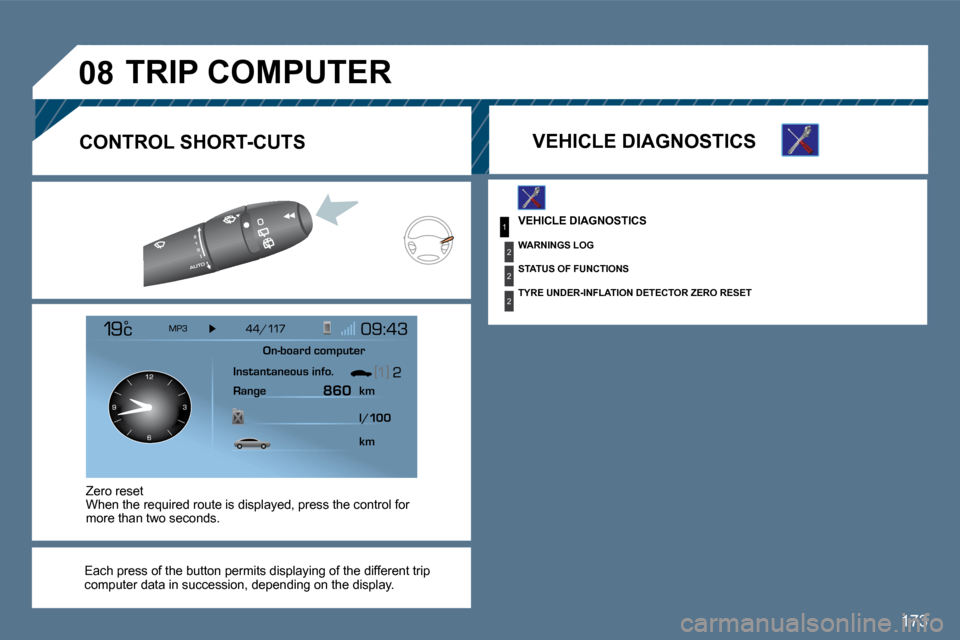 Peugeot 407 Dag 2010 Owners Guide 173
1
2
2
2
�0�8
 VEHICLE DIAGNOSTICS 
 WARNINGS LOG 
 STATUS OF FUNCTIONS 
� �T�Y�R�E� �U�N�D�E�R�-�I�N�F�L�A�T�I�O�N� �D�E�T�E�C�T�O�R� �Z�E�R�O� �R�E�S�E�T� 
 TRIP COMPUTER 
  VEHICLE DIAGNOSTICS  