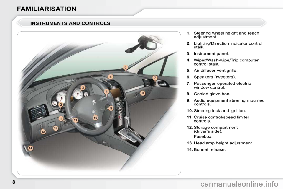 Peugeot 407 Dag 2010  Owners Manual FAMILIARISATION  INSTRUMENTS AND CONTROLS     
1.    Steering wheel height and reach 
adjustment. 
  
2.    Lighting/Direction indicator control 
stalk. 
  
3.    Instrument panel. 
  
4. � �  �W�i�p�