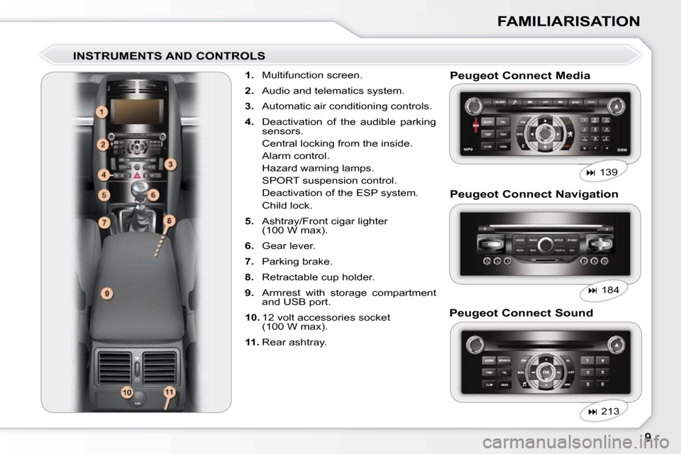 Peugeot 407 Dag 2010  Owners Manual FAMILIARISATION
  INSTRUMENTS AND CONTROLS     
1.    Multifunction screen. 
  
2.    Audio and telematics system. 
  
3.    Automatic air conditioning controls. 
  
4.    Deactivation  of  the  audib