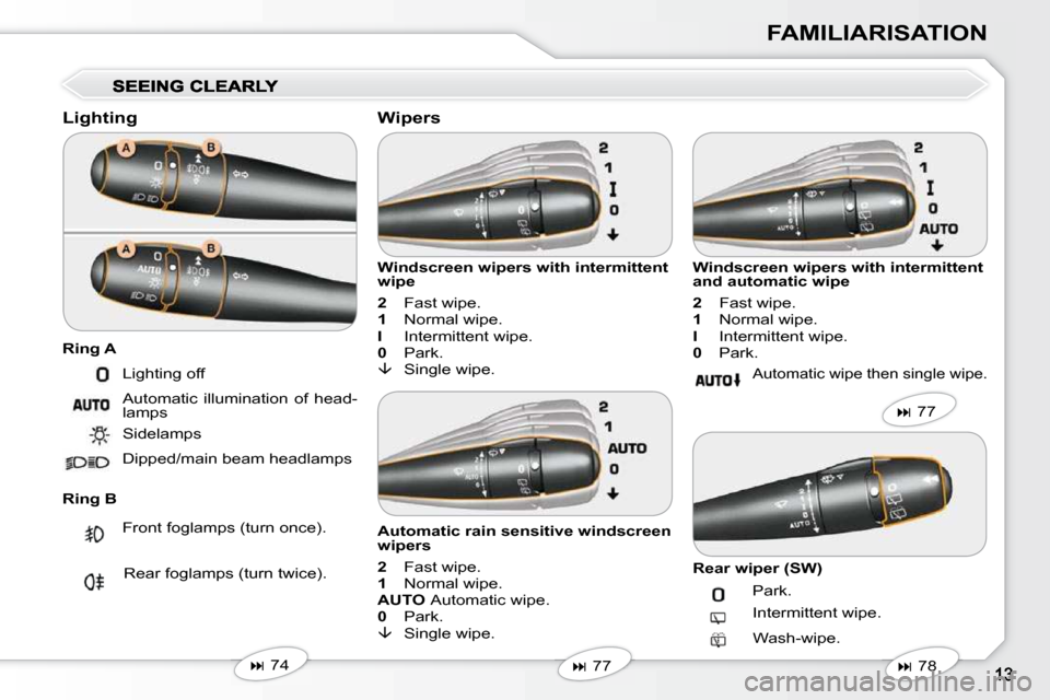 Peugeot 407 Dag 2010  Owners Manual FAMILIARISATION
  Lighting  
  Ring B   Windscreen wipers with intermittent  
wipe  
  
2    Fast wipe. 
  
1    Normal wipe. 
  
I    Intermittent wipe. 
  
0    Park. 
  
�    Single wipe.  
  Wi