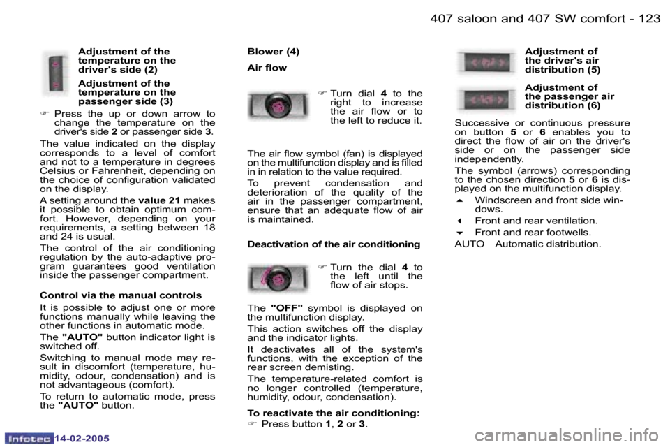 Peugeot 407 Dag 2005  Owners Manual �1�2�2 �-
�1�4�-�0�2�-�2�0�0�5
�1�2�3
�-
�1�4�-�0�2�-�2�0�0�5
�A�d�j�u�s�t�m�e�n�t� �o�f� �t�h�e�  
�t�e�m�p�e�r�a�t�u�r�e� �o�n� �t�h�e� 
�d�r�i�v�e�r��s� �s�i�d�e� �(�2�) 
�A�d�j�u�s�t�m�e�n�t� �o�