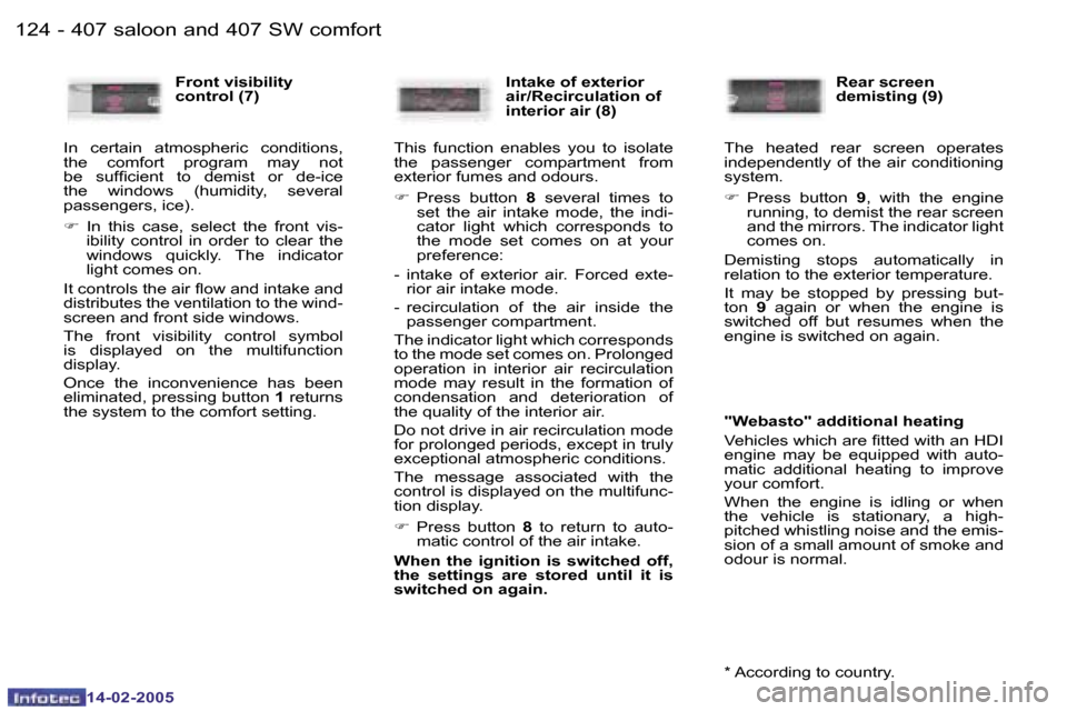 Peugeot 407 Dag 2005  Owners Manual �1�2�4 �-
�1�4�-�0�2�-�2�0�0�5
�1�2�5
�-
�1�4�-�0�2�-�2�0�0�5
�F�r�o�n�t� �v�i�s�i�b�i�l�i�t�y�  
�c�o�n�t�r�o�l� �(�7�)
�I�n�  �c�e�r�t�a�i�n�  �a�t�m�o�s�p�h�e�r�i�c�  �c�o�n�d�i�t�i�o�n�s�,� 
�t�h�