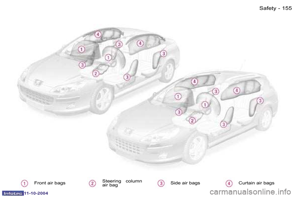 Peugeot 407 Dag 2004.5  Owners Manual �1�5�4 �-�1�5�5
�-
�F�r�o�n�t� �a�i�r� �b�a�g�s �S�t�e�e�r�i�n�g�  �c�o�l�u�m�n�  
�a�i�r� �b�a�g �S�i�d�e� �a�i�r� �b�a�g�s �C�u�r�t�a�i�n� �a�i�r� �b�a�g�s �S�a�f�e�t�y
�1�1�-�1�0�-�2�0�0�4  