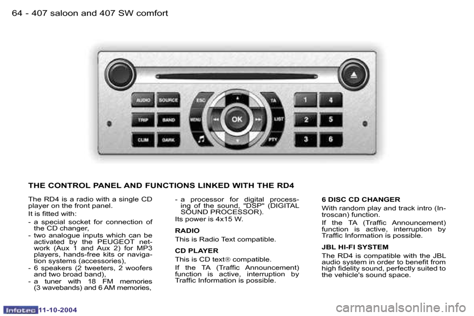 Peugeot 407 Dag 2004.5 Repair Manual �6�4 �-
�1�1�-�1�0�-�2�0�0�4
�6�5
�-
�1�1�-�1�0�-�2�0�0�4
�T�h�e�  �R�D�4�  �i�s�  �a�  �r�a�d�i�o�  �w�i�t�h�  �a�  �s�i�n�g�l�e�  �C�D�  
�p�l�a�y�e�r� �o�n� �t�h�e� �f�r�o�n�t� �p�a�n�e�l�. 
�I�t� 