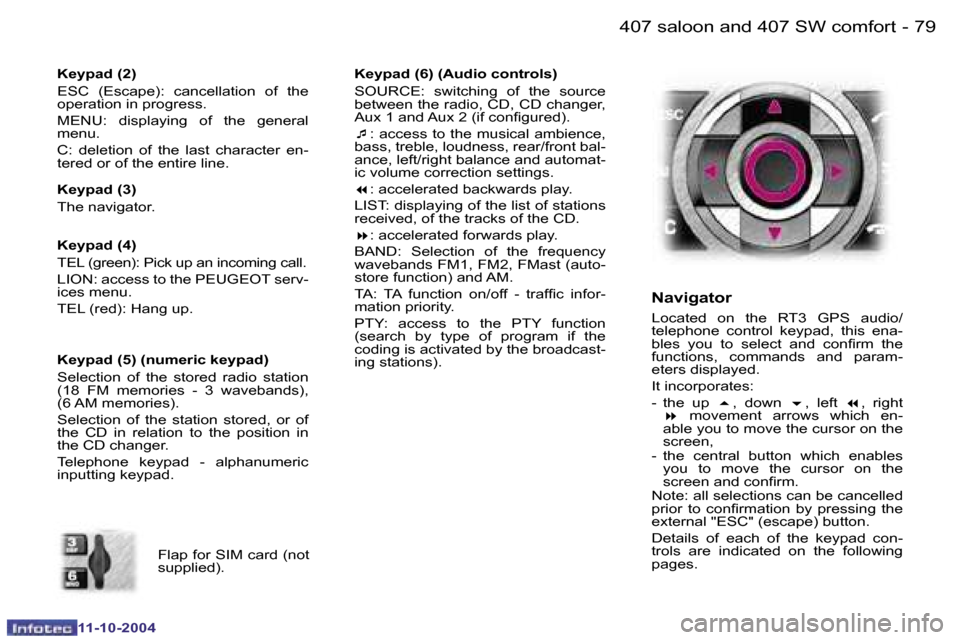 Peugeot 407 Dag 2004.5 Manual Online �7�8 �-
�1�1�-�1�0�-�2�0�0�4
�7�9
�-
�1�1�-�1�0�-�2�0�0�4
�F�l�a�p� �f�o�r� �S�I�M� �c�a�r�d� �(�n�o�t�  
�s�u�p�p�l�i�e�d�)�.� 
�K�e�y�p�a�d� �(�2�) 
�E�S�C�  �(�E�s�c�a�p�e�)�:�  �c�a�n�c�e�l�l�a�t�