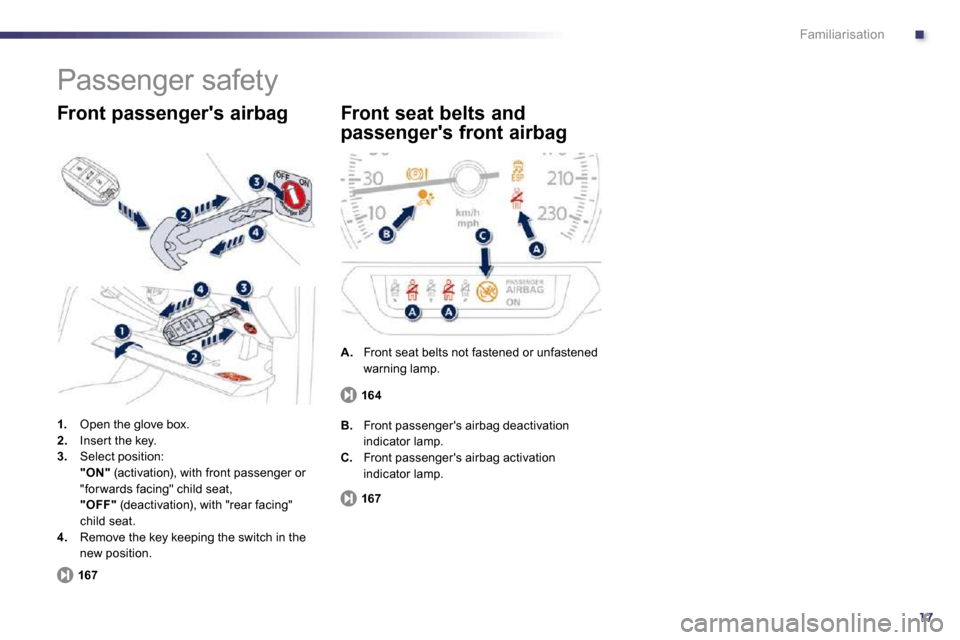 Peugeot 508 Dag 2010.5  Owners Manual .
17
Familiarisation
 Passenger safety 
1.   Open the glove box. 2.   Inser t the key. 3.   Select position:     "ON"  (activation), with front passenger or "for wards facing" child seat,     "OFF"  (