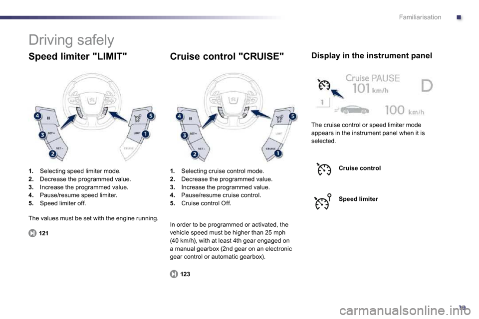 Peugeot 508 Dag 2010.5  Owners Manual .
19
Familiarisation
 Driving safely 
1.   Selecting speed limiter mode. 2.   Decrease the programmed value. 3.   Increase the programmed value. 4.   Pause/resume speed limiter. 5.   Speed limiter off