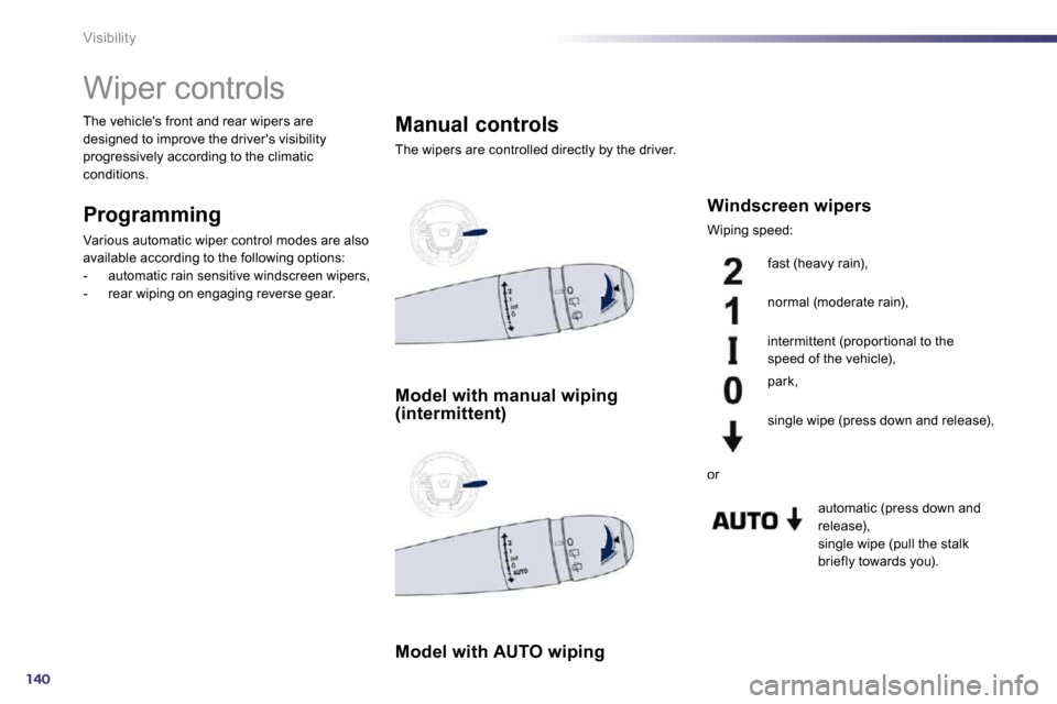 Peugeot 508 Dag 2010.5 Owners Manual 140
Visibility
Wiper controls
Programming
Various automatic wiper control modes are also
available according to the following options: - automatic rain sensitive windscreen wipers Peugeot 508 Dag 2010.5 Owners Manual 140
Visibility
Wiper controls
Programming
Various automatic wiper control modes are also
available according to the following options: - automatic rain sensitive windscreen wipers