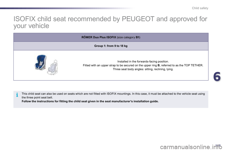 Peugeot 508 Dag 2010.5 Owners Manual 6153
i
Child safety
ISOFIX child seat recommended by PEUGEOT a nd approved for
your vehicle
RÖMER Duo Plus ISOFIX (size category B1 )
Group 1: from 9 to 18 kg
Installed in the for Peugeot 508 Dag 2010.5 Owners Manual 6153
i
Child safety
ISOFIX child seat recommended by PEUGEOT a nd approved for
your vehicle
RÖMER Duo Plus ISOFIX (size category B1 )
Group 1: from 9 to 18 kg
Installed in the for