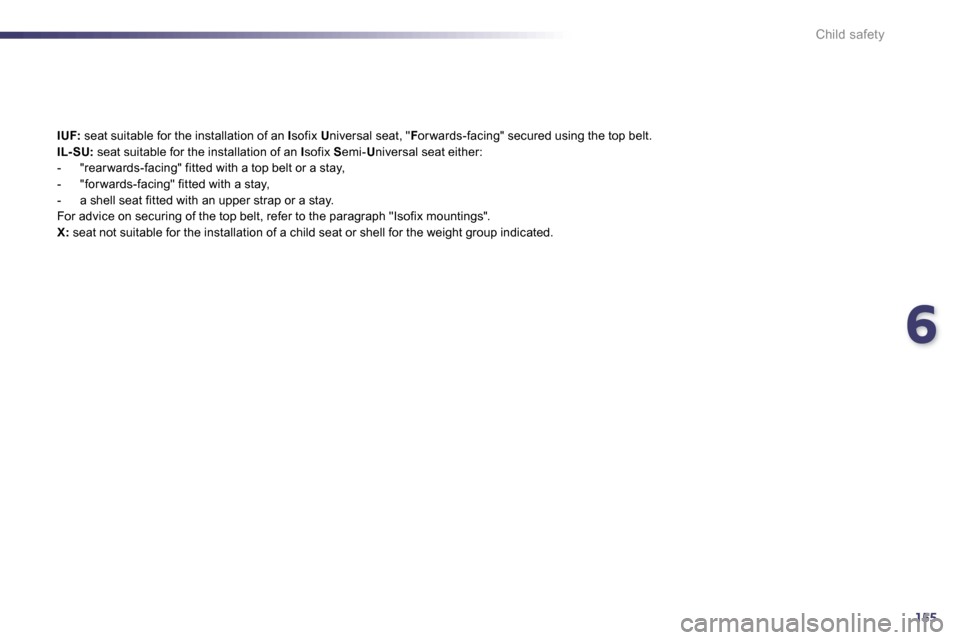 Peugeot 508 Dag 2010.5  Owners Manual 6155
Child safety
IUF:  seat suitable for the installation of an  I sofix  U niversal seat, " F or wards-facing" secured using the top belt. IL- SU:  seat suitable for the installation of an  I sofix 