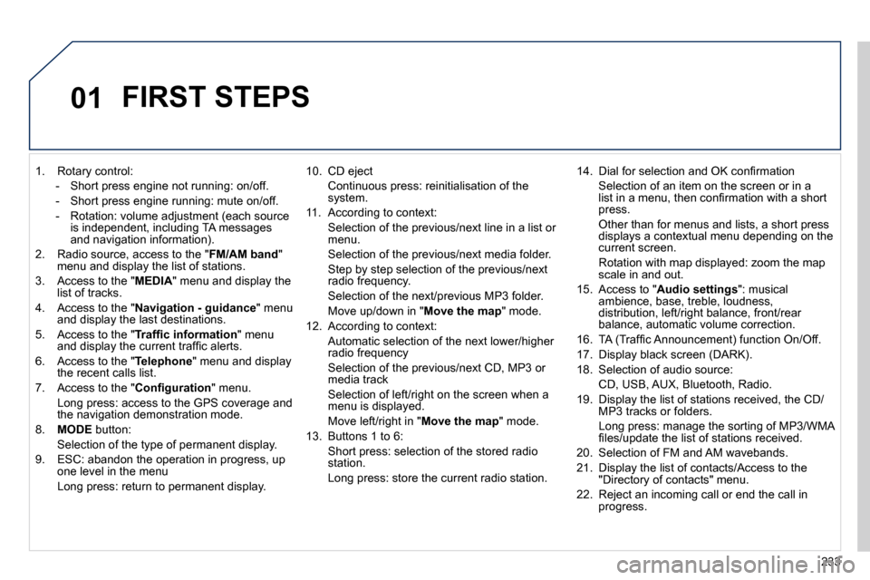 Peugeot 508 Dag 2010.5  Owners Manual 233
01
   1.   Rotary control: 
� � � �-� �  �S�h�o�r�t� �p�r�e�s�s� �e�n�g�i�n�e� �n�o�t� �r�u�n�n�i�n�g�:� �o�n�/�o�f�f�.� 
� � �-� �  �S�h�o�r�t� �p�r�e�s�s� �e�n�g�i�n�e� �r�u�n�n�i�n�g�:� �m�u�t�