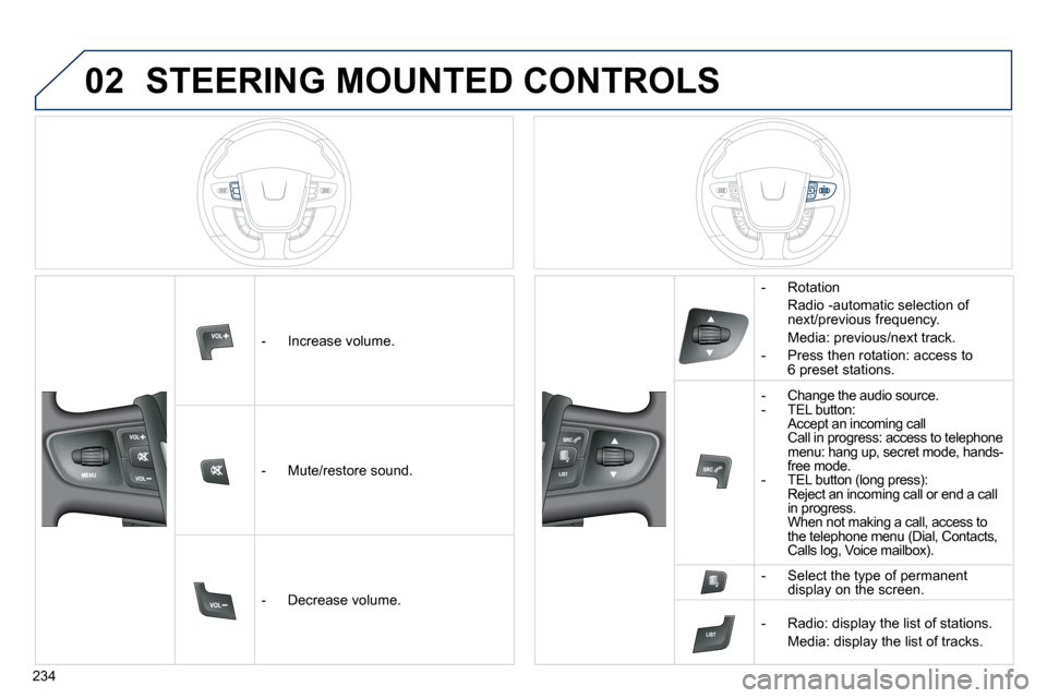 Peugeot 508 Dag 2010.5  Owners Manual 234
02 STEERING MOUNTED CONTROLS 
   -   Increase volume.  
� � � �-� �  �M�u�t�e�/�r�e�s�t�o�r�e� �s�o�u�n�d�.� � 
   -   Decrease volume.  
   -   Rotation  
  Radio -automatic selection of �n�e�x�t