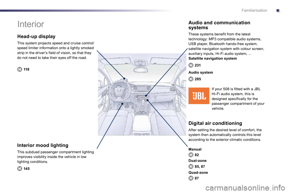Peugeot 508 Dag 2010.5  Owners Manual .
7
Familiarisation
 Interior  
  Interior mood lighting 
 This subdued passenger compar tment lighting improves visibility inside the vehicle in low lighting conditions. 
  Head-up display 
 This sys