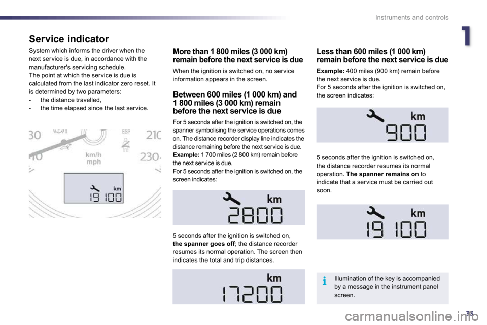 Peugeot 508 Dag 2010.5 Owners Manual 133
i
Instruments and controls
Service indicator
More than 1 800 miles (3 000 km) remain before the next service is due
When the ignition is switched on, no ser vice information appears in the sc Peugeot 508 Dag 2010.5 Owners Manual 133
i
Instruments and controls
Service indicator
More than 1 800 miles (3 000 km) remain before the next service is due
When the ignition is switched on, no ser vice information appears in the sc