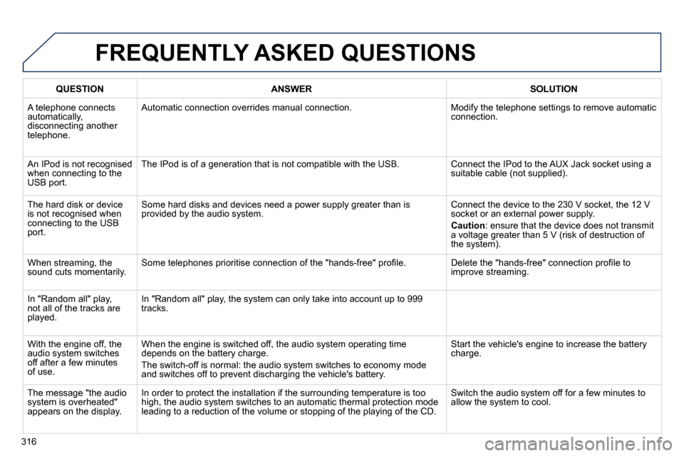 Peugeot 508 Dag 2010.5  Owners Manual 316
 FREQUENTLY ASKED QUESTIONS 
QUESTIONANSWERSOLUTION
� �A� �t�e�l�e�p�h�o�n�e� �c�o�n�n�e�c�t�s� automatically, �d�i�s�c�o�n�n�e�c�t�i�n�g� �a�n�o�t�h�e�r� telephone. 
� �A�u�t�o�m�a�t�i�c� �c�o�n�