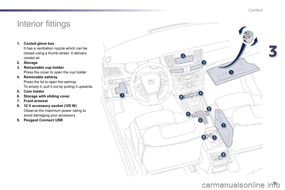 Peugeot 508 Dag 2010.5 Manual PDF 371
Comfort
                  
�I�n�t�e�r�i�o�r� �ﬁ� �t�t�i�n�g�s� 
1.    Cooled glove box  It has a ventilation nozzle which can be closed using a thumb wheel. It delivers cooled air. 2.    Storage