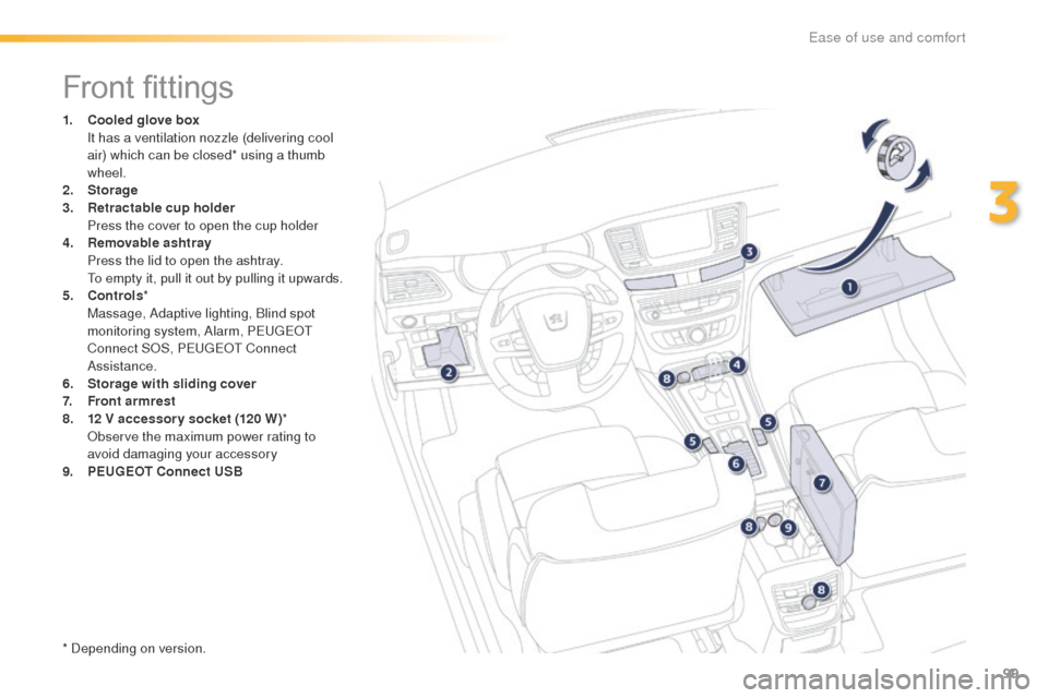 Peugeot 508 Hybrid 2016  Owners Manual 99
508_en_Chap03_ergonomie-et-confort_ed01-2016
Front fittings
1. Cooled glove box  I
t has a ventilation nozzle (delivering cool 
air) which can be closed* using a thumb 
wheel.
2.
 Sto

rage
3.
 R

