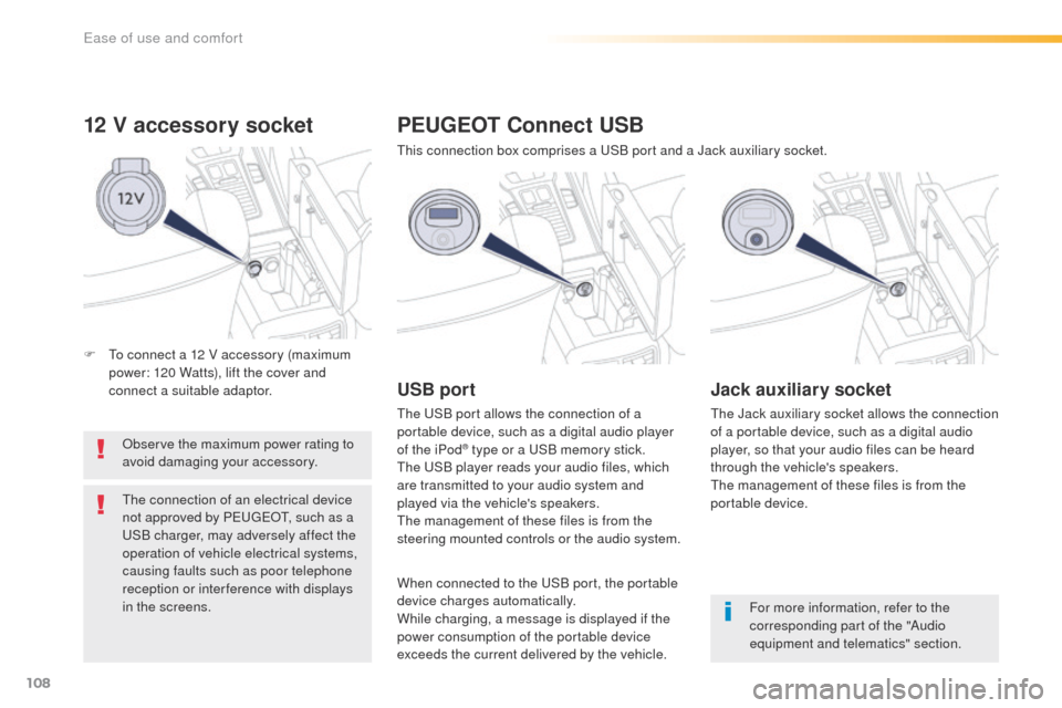 Peugeot 508 Hybrid 2016  Owners Manual 108
508_en_Chap03_ergonomie-et-confort_ed01-2016
12 V accessory socket
Observe the maximum power rating to 
avoid damaging your accessory.
th
e connection of an electrical device 
not approved by P
e
