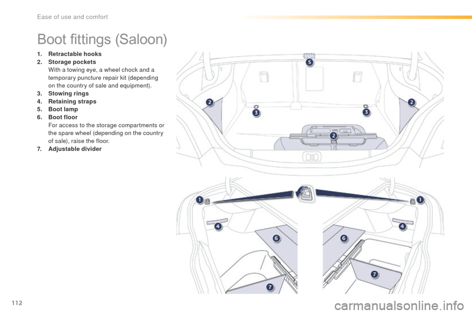 Peugeot 508 Hybrid 2016 Owners Manual 112
508_en_Chap03_ergonomie-et-confort_ed01-2016
Boot fittings (Saloon)
1. Retractable hooks
2. Storage pockets
W
ith a towing eye, a wheel chock and a
temporary puncture repair kit (depending
o Peugeot 508 Hybrid 2016 Owners Manual 112
508_en_Chap03_ergonomie-et-confort_ed01-2016
Boot fittings (Saloon)
1. Retractable hooks
2. Storage pockets
W
ith a towing eye, a wheel chock and a
temporary puncture repair kit (depending
o
