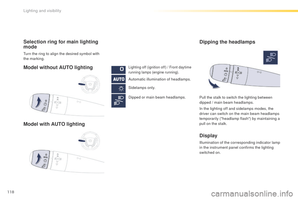 Peugeot 508 Hybrid 2016 Owners Manual 118
508_en_Chap04_eclairage-et-visibilite_ed01-2016
Model without AUTO lighting
Model with AUTO lighting Selection ring for main lighting
mode
turn the ring to align the desired symbol with
the mark Peugeot 508 Hybrid 2016 Owners Manual 118
508_en_Chap04_eclairage-et-visibilite_ed01-2016
Model without AUTO lighting
Model with AUTO lighting Selection ring for main lighting
mode
turn the ring to align the desired symbol with
the mark