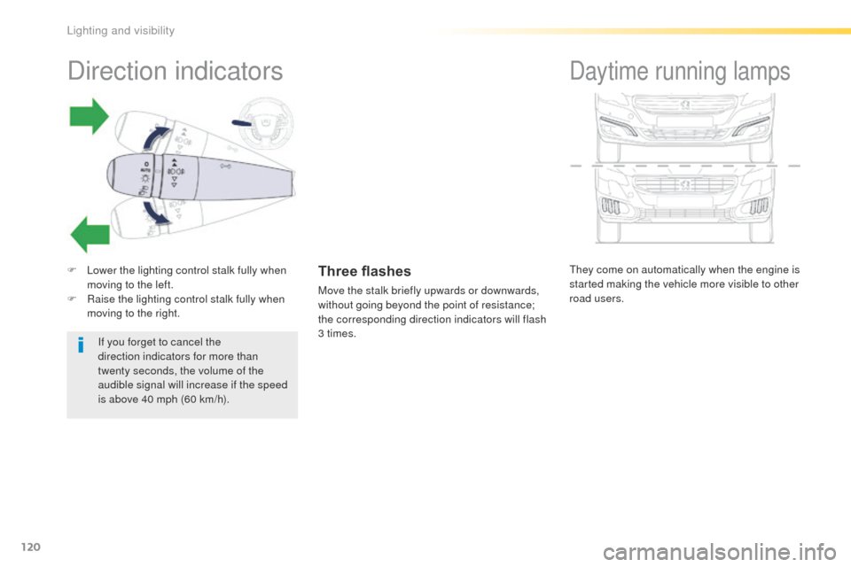 Peugeot 508 Hybrid 2016 Owners Manual 120
508_en_Chap04_eclairage-et-visibilite_ed01-2016
they come on automatically when the engine is
started making the vehicle more visible to other
road users.
Daytime running lampsDirection indicato Peugeot 508 Hybrid 2016 Owners Manual 120
508_en_Chap04_eclairage-et-visibilite_ed01-2016
they come on automatically when the engine is
started making the vehicle more visible to other
road users.
Daytime running lampsDirection indicato