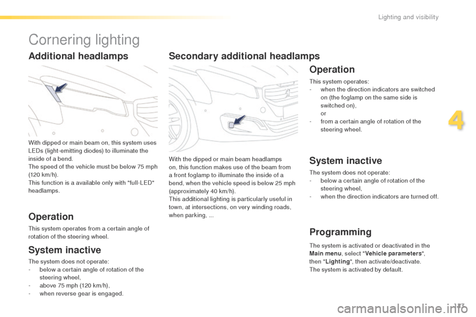 Peugeot 508 Hybrid 2016 Owners Manual 123
508_en_Chap04_eclairage-et-visibilite_ed01-2016
Secondary additional headlamps
With the dipped or main beam headlamps
on, this function makes use of the beam from
a front foglamp to illuminate t Peugeot 508 Hybrid 2016 Owners Manual 123
508_en_Chap04_eclairage-et-visibilite_ed01-2016
Secondary additional headlamps
With the dipped or main beam headlamps
on, this function makes use of the beam from
a front foglamp to illuminate t